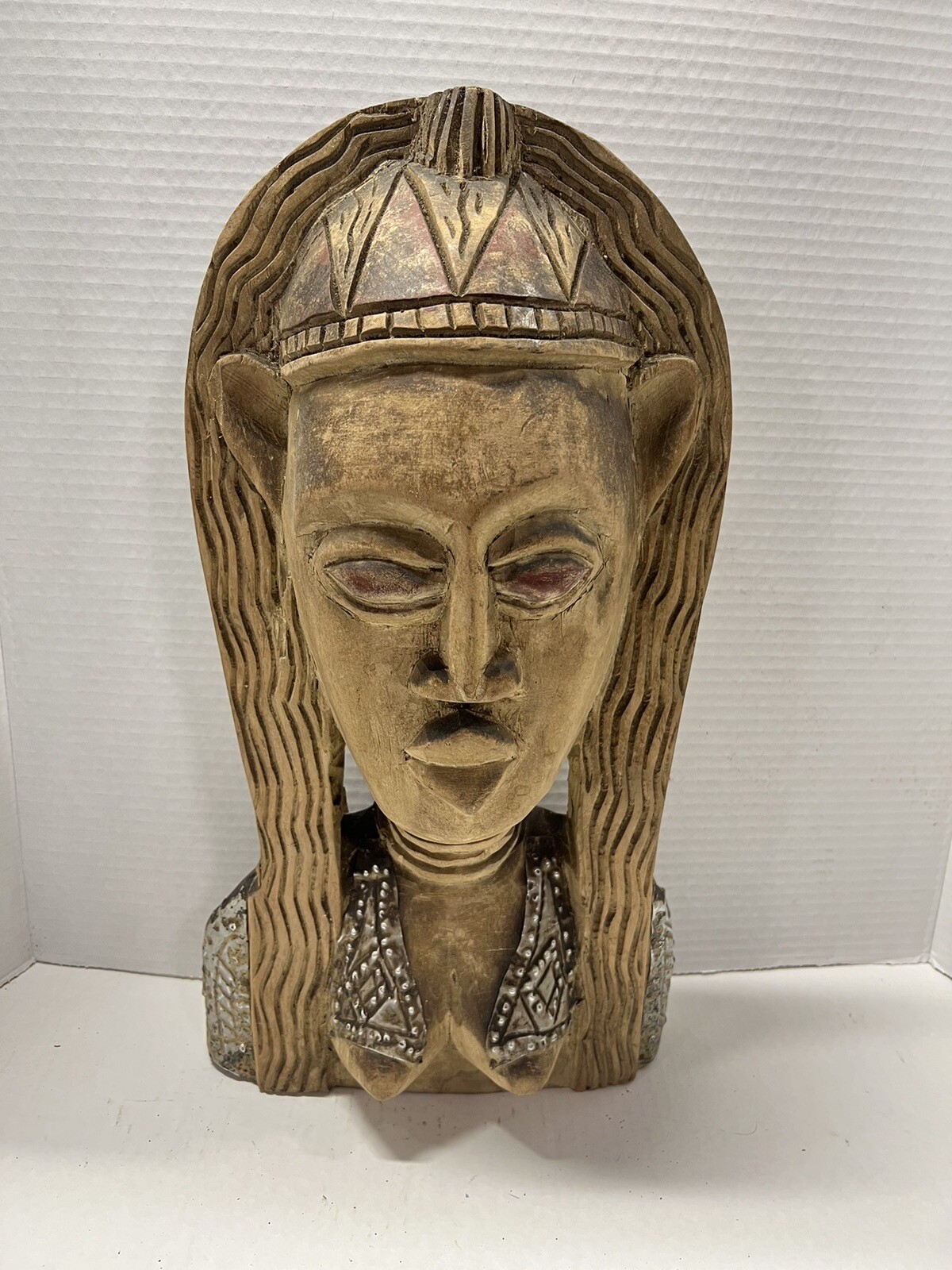 African Fertility Statue Bust Sculpture Wood 16” Brass inlay Tribal Vintage