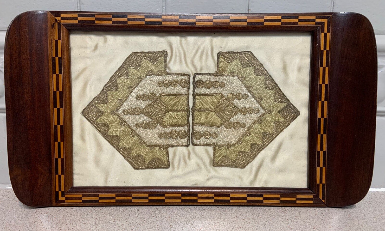 VICTORIAN HANDMADE NEEDLEPOINT TAPESTRY SAMPLER 9 X 16 Inches In Marquetry Tray