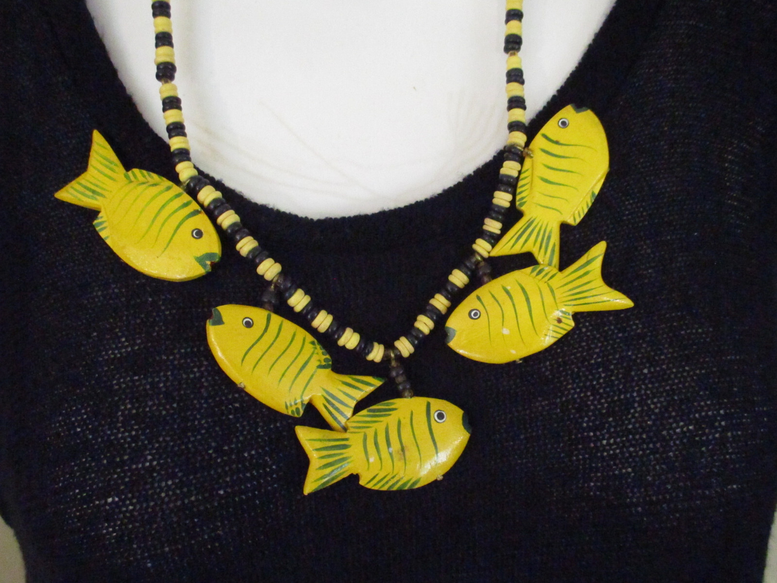 Wooden Tropical Fish and Bead Necklace Handmade Painted Vintage 24" Beach Summer