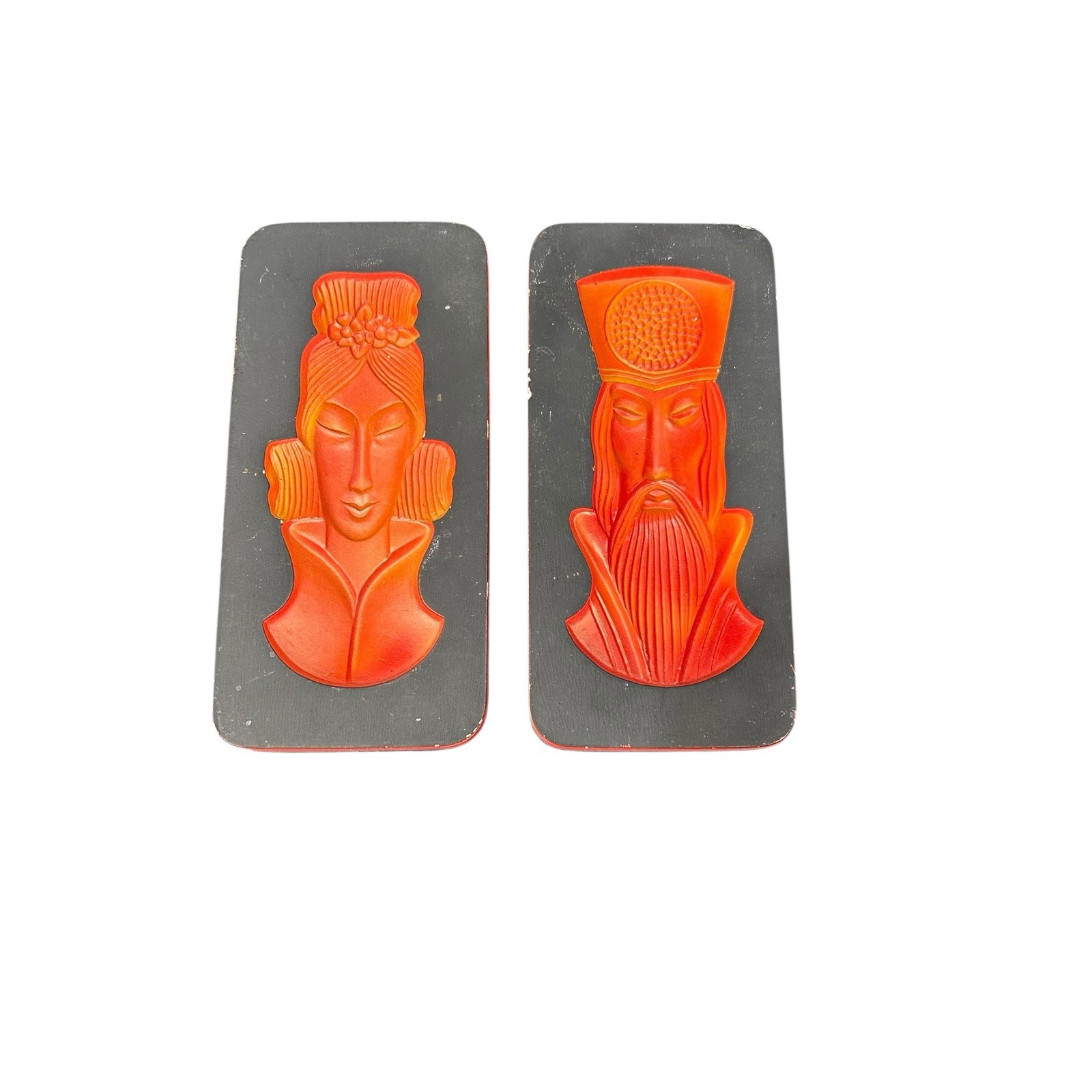 Chinese Style Chalkware Wall Plaque Orange Black Mid Century Modern 1960s Lot