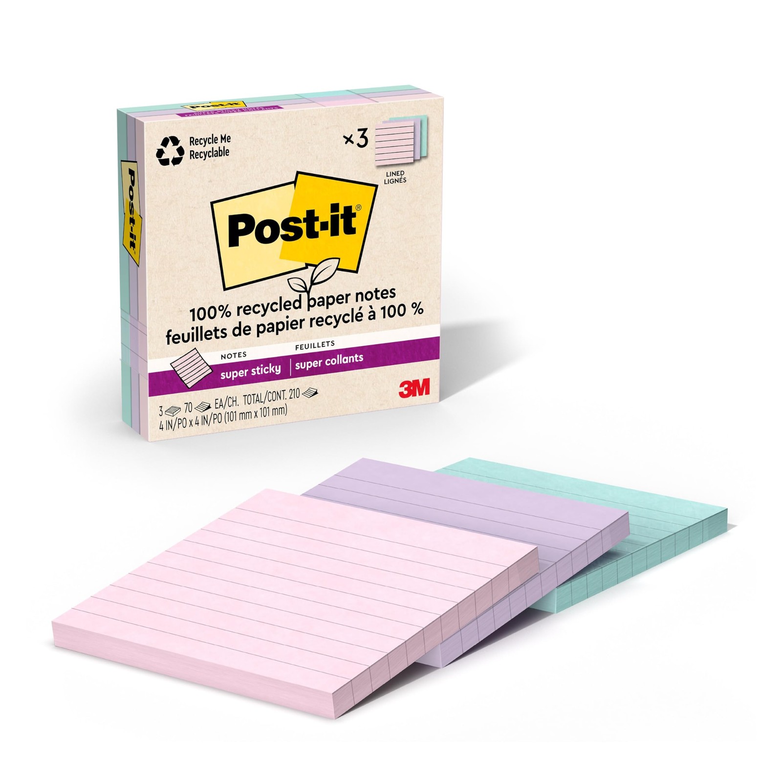 Post-it 100% Recycled Paper Super Sticky 4 Inch x 4 Inch, Wanderlust Pastels 