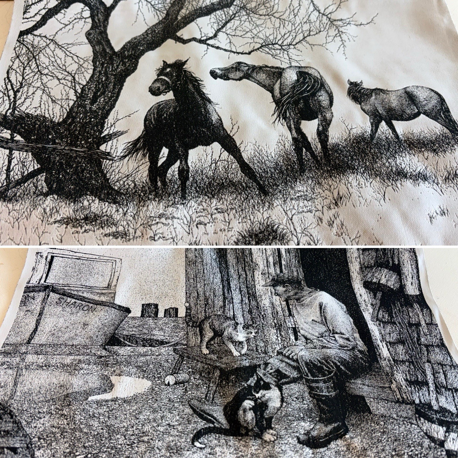 Lot 2 Woven Black & Gray Replica Prints 3 Horses / Lobsterman & His Cats Matras