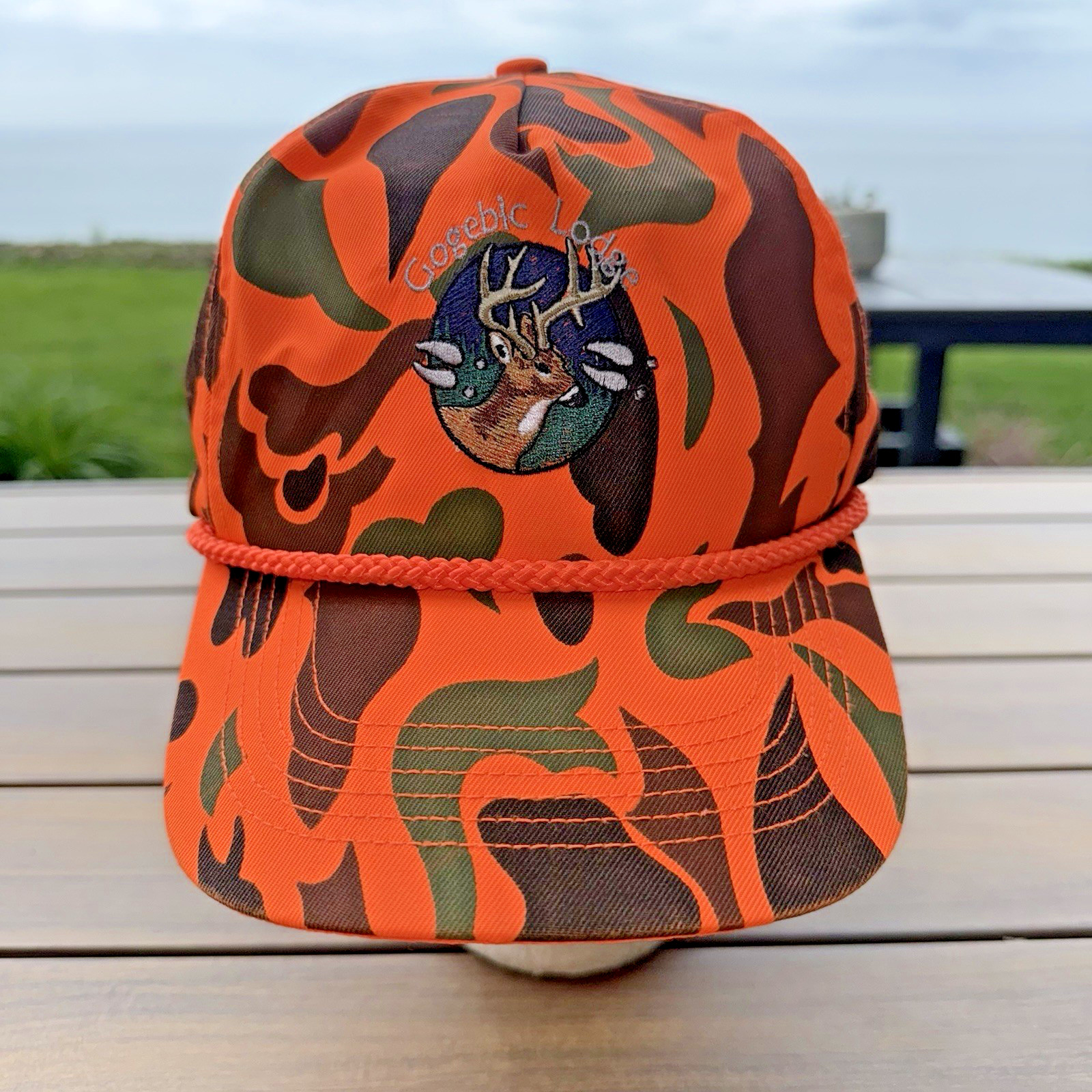 Gogebic Lodge Fluorescent Orange w Camo Cotton Hat Cap Deer Antler Patch EUC