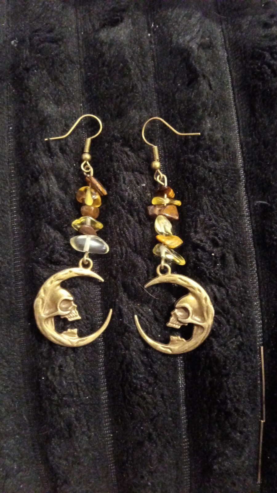 Handcrafted Moon Skull Dangle Earrings Gold Brown Beaded Metal Stone Hook