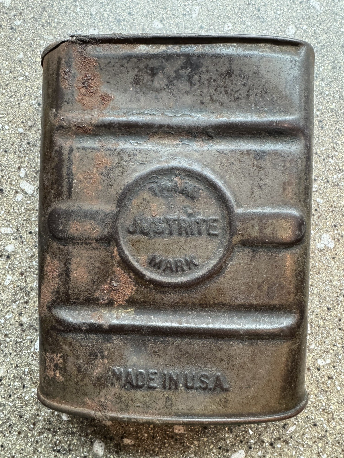 VTG PAT. APPLIED FOR JUSTRITE MINERS CARBIDE POCKET FLASK TIN FOR LAMPS LANTERS