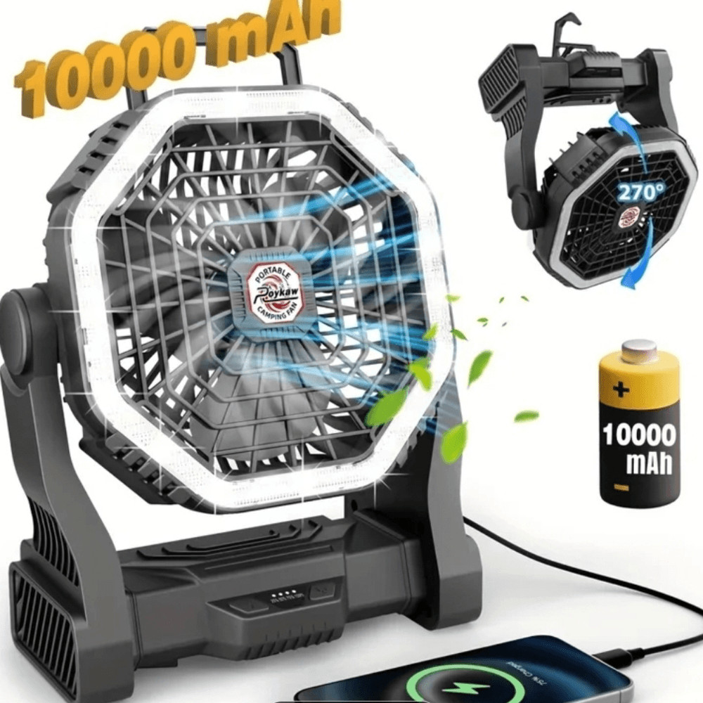 Portable Rechargeable Camping Fan with LED Light And Charging Device Station