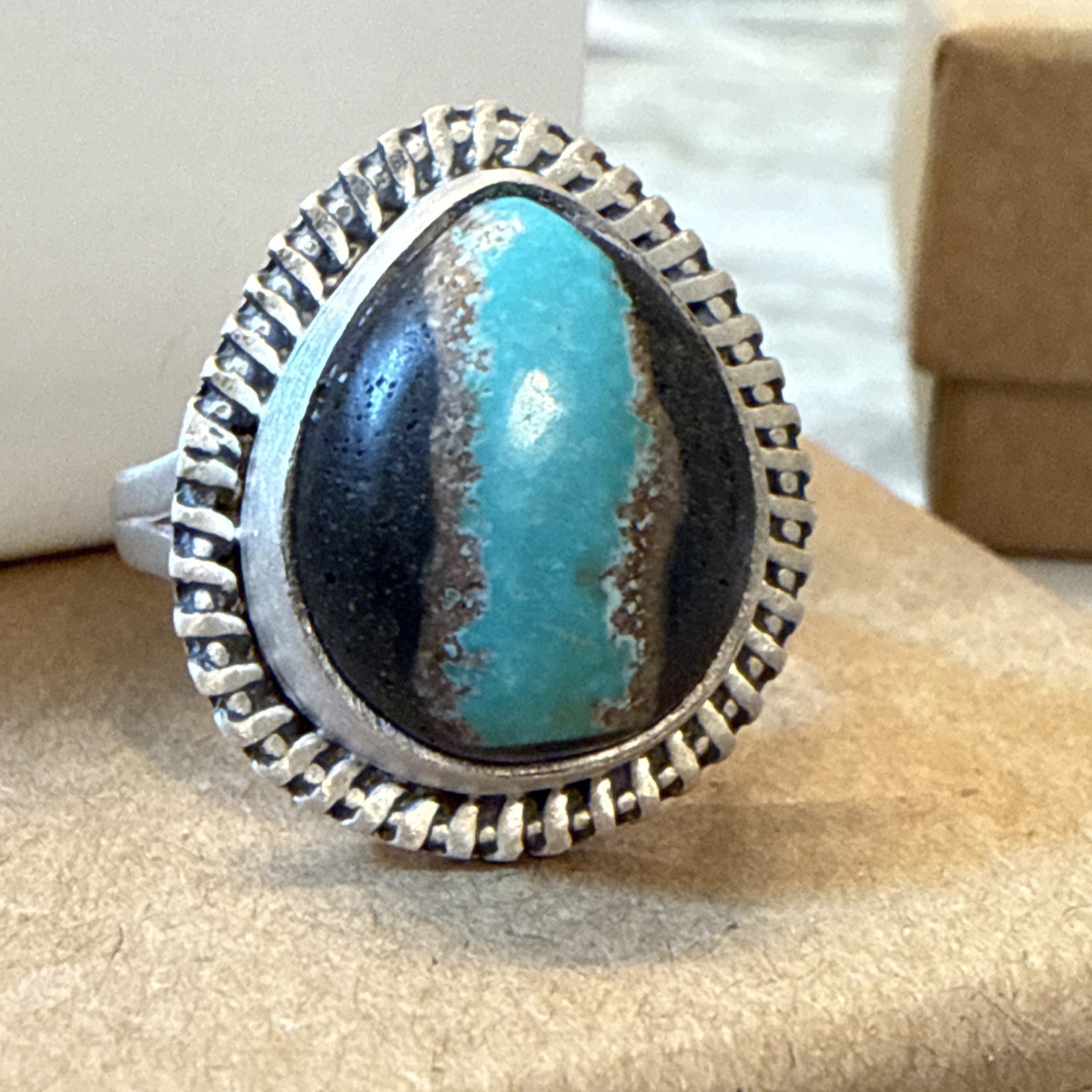 BLACK JACK TURQUOISE Ring Navajo Southwestern Matte Sterling Silver Adjustable