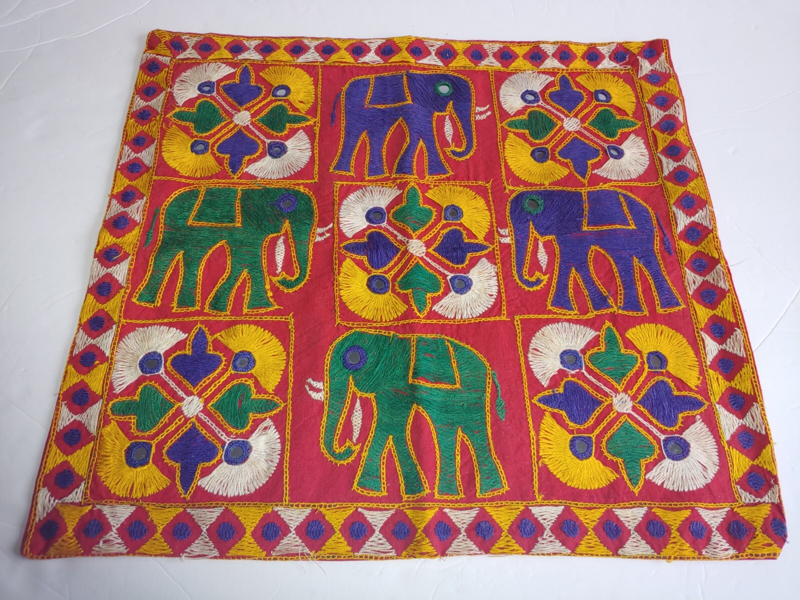 Vtg Embroidery Tapestry Wall Hanging Textile Mirror Work,Hand Made,17inx15in.