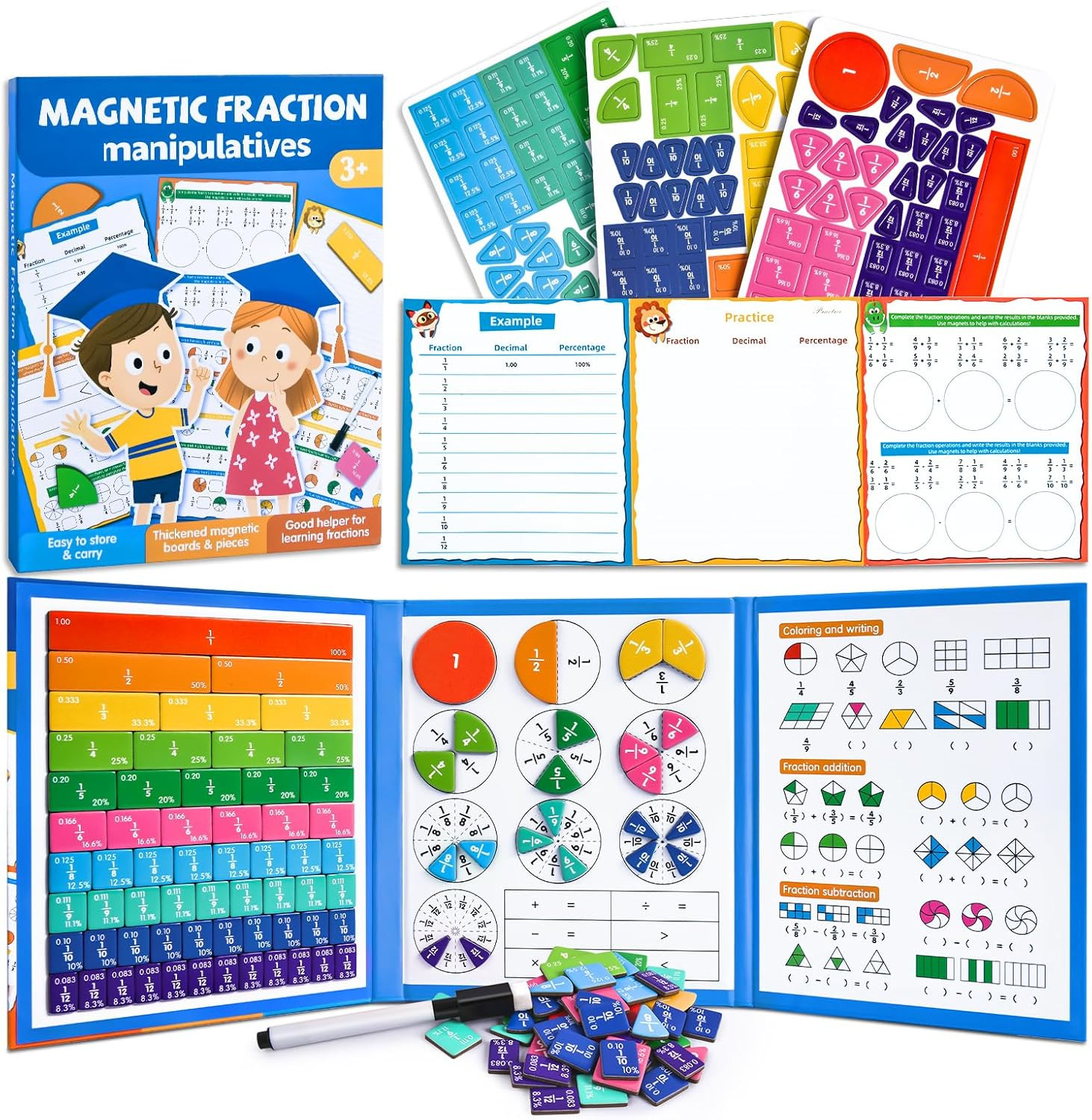 Magnetic Fraction Tiles & Circles Montessori Set for Elementary Kids - Hands-On 