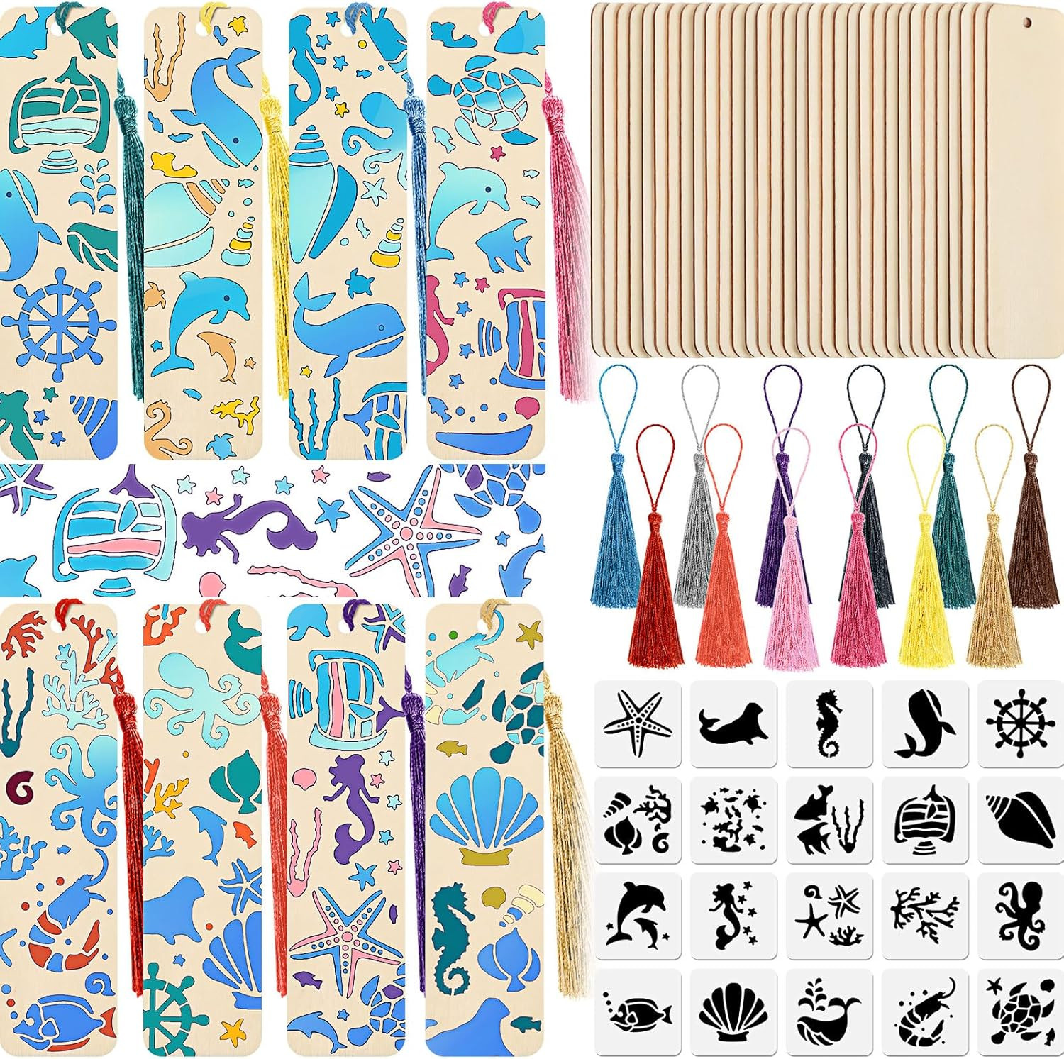 Wood Bookmark Craft Kit - 92 Pcs with Blank Bookmarks, Tassels & Templates