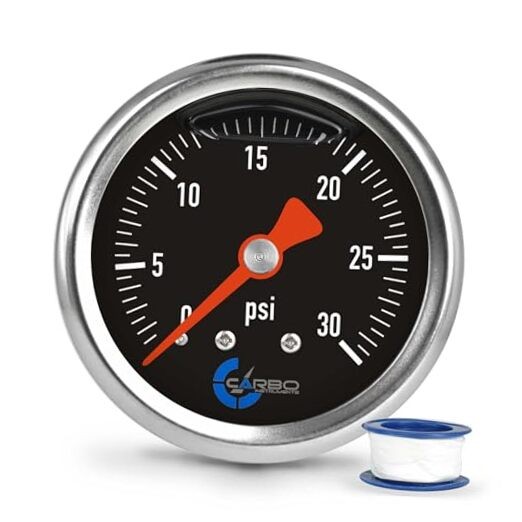 1-1/2" Fuel Pressure Gauge, Stainless Steel Case 30 PSI Back Mount Balck Dial