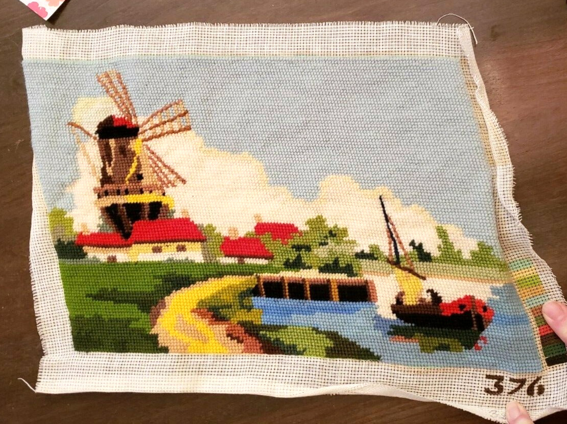 Vintage Windmill Boat Needlepoint 12" x 8.5" Rectangle Stool Pillow Cover 376