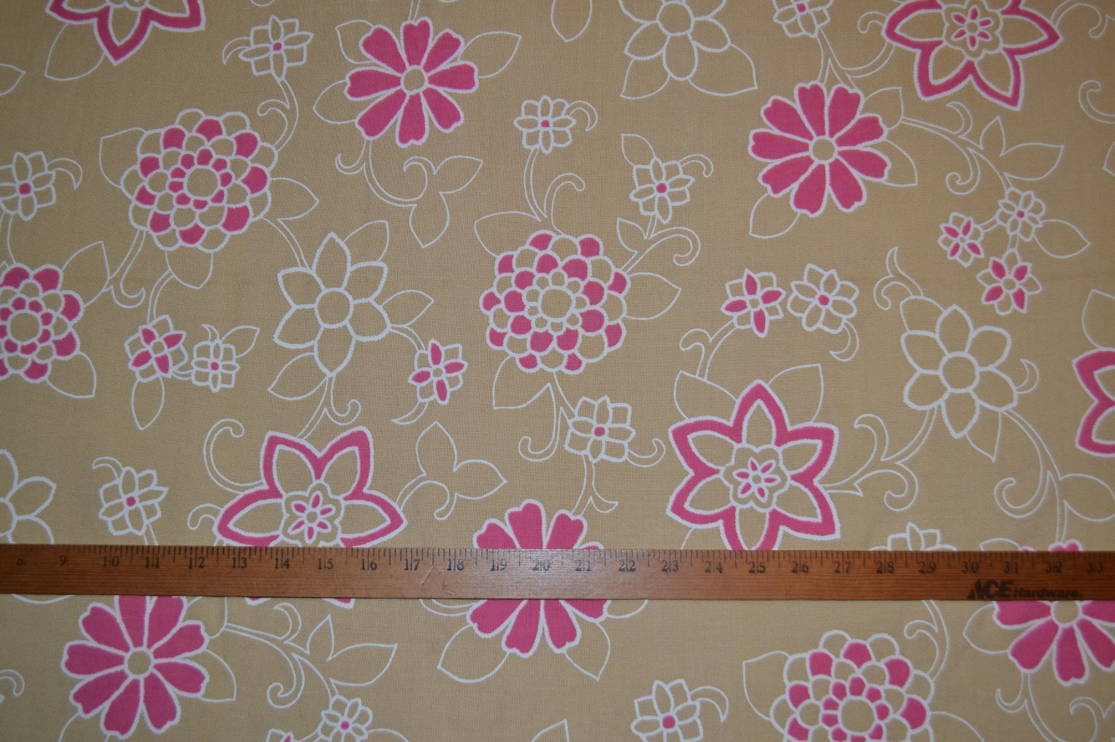 Cotton blend fabric tan & pink floral print, 43" x 3.7 yards, vintage, prewashed
