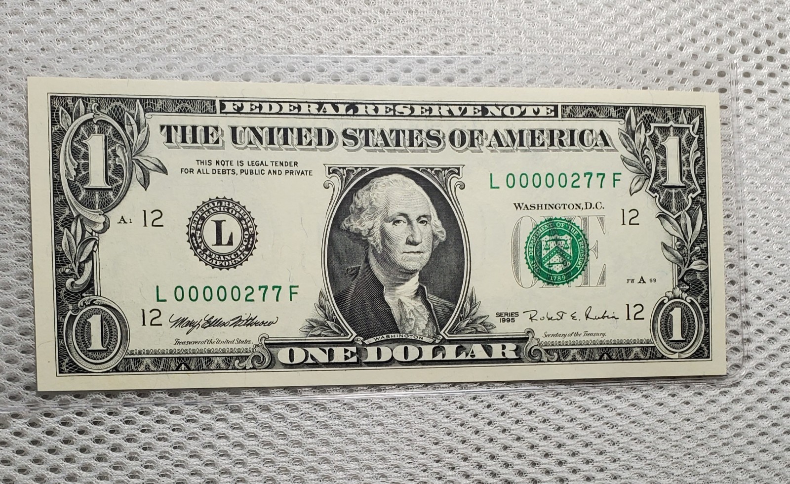 Low Serial Number 00000277 Fancy 3 Digit 1995 $1 Federal Reserve Note Crisp UNC 