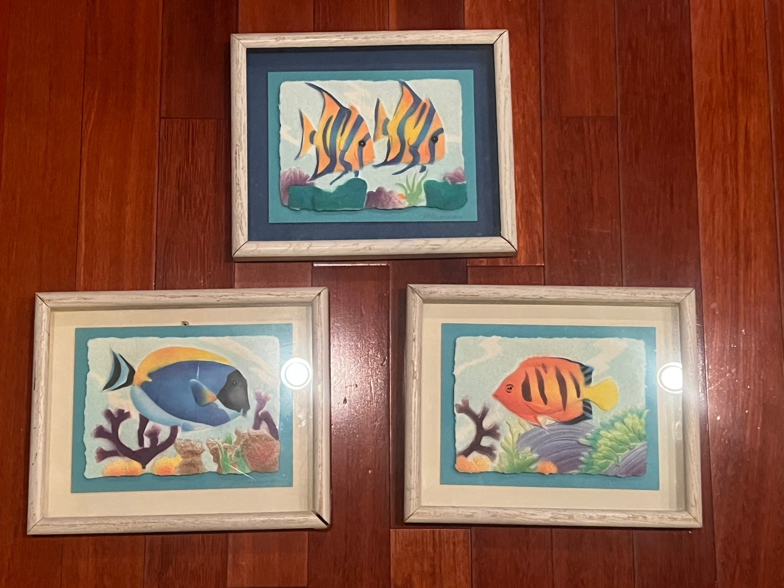 VTG  1991 Figi Graphics Framed Hand Cast Paper 3D Tropical Fish Set Of 3