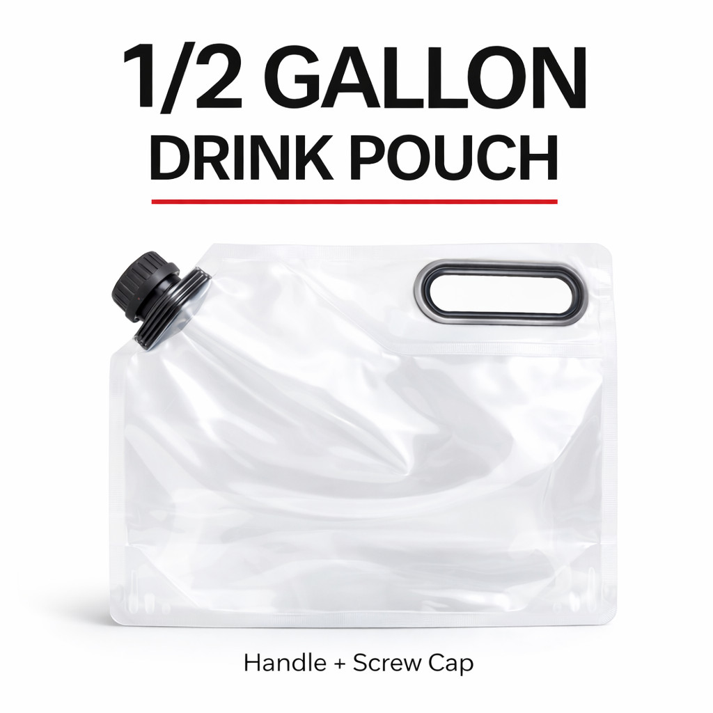 Clear 1/2 Gallon Beverage Bags w/ Handle & Cap Drink Pouches To Go 5-100 Pack