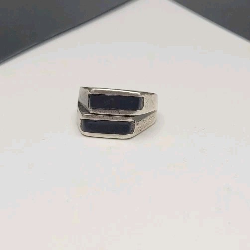 Sterling Silver Mexico Simulated Asymmetric Double Band Onyx Size 8 Ring 12.2g