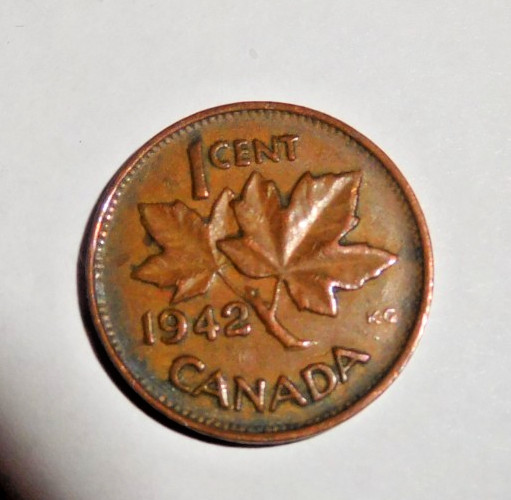 1942 Canada Bronze One Cent 1c George VI World Coin KM-32 Maple Leaf WW2 Era
