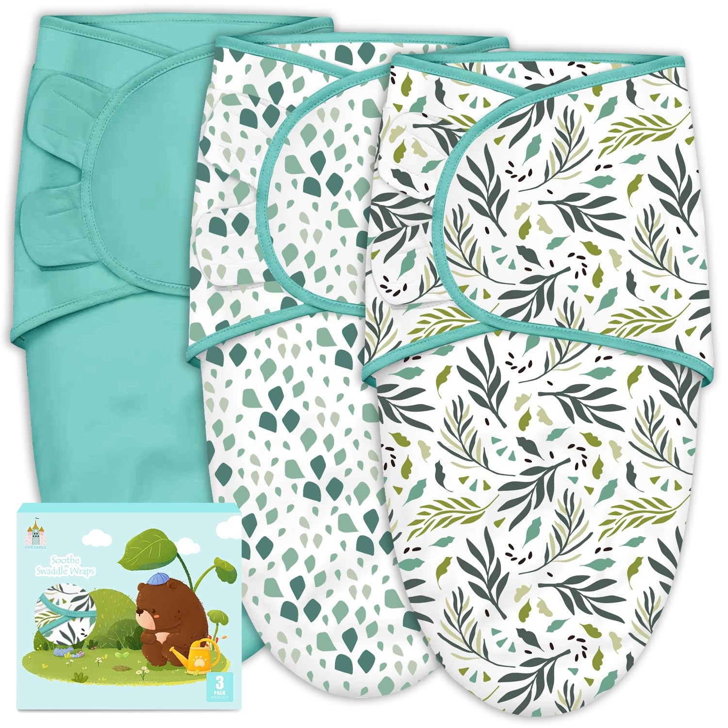 Cute Castle 3-Pack Baby Swaddle Sleep Sacks - Newborn One Size, Green 