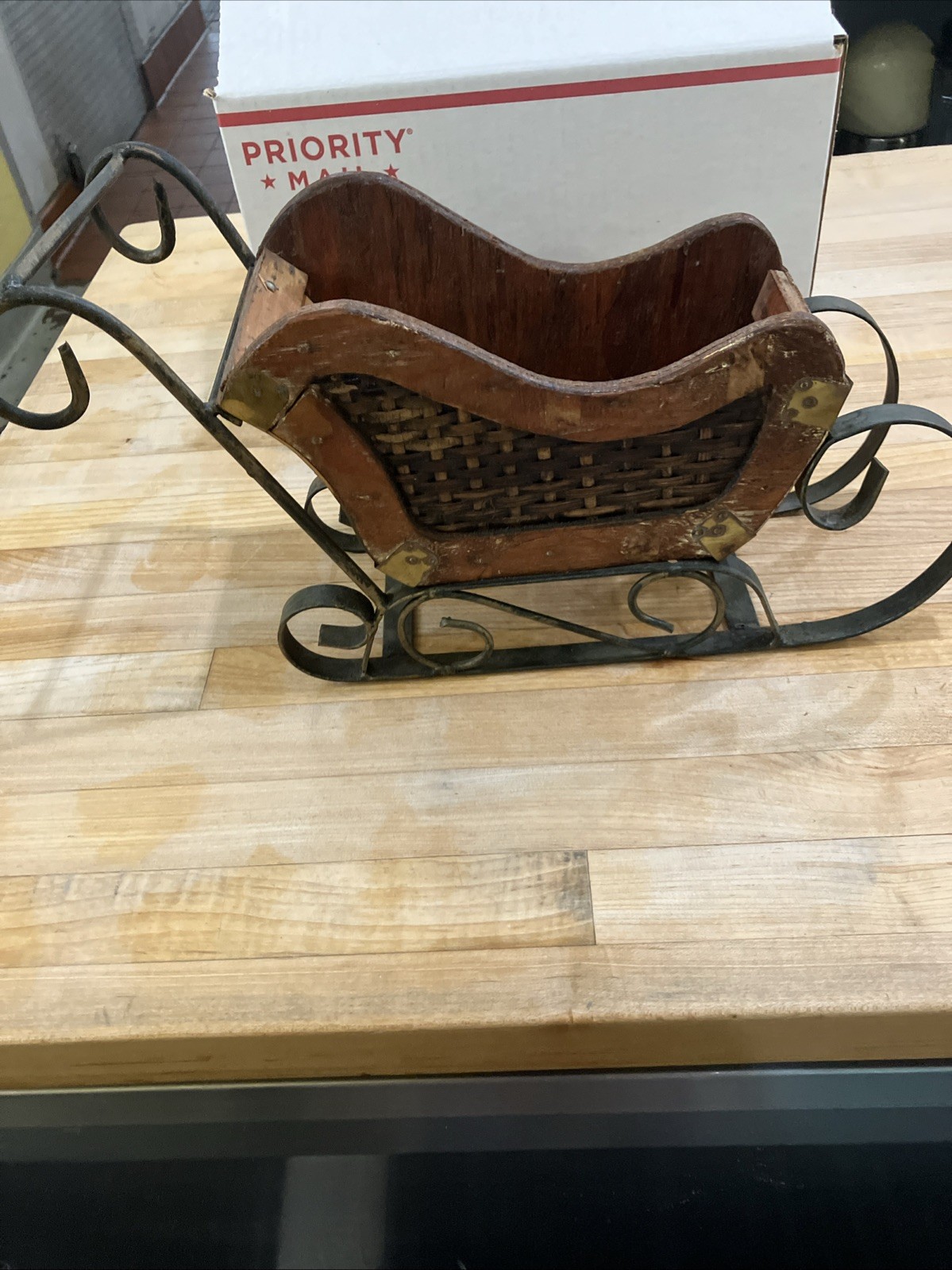 Vintage Wood Wicker And Wrought Iron Sleigh, Christmas Decor