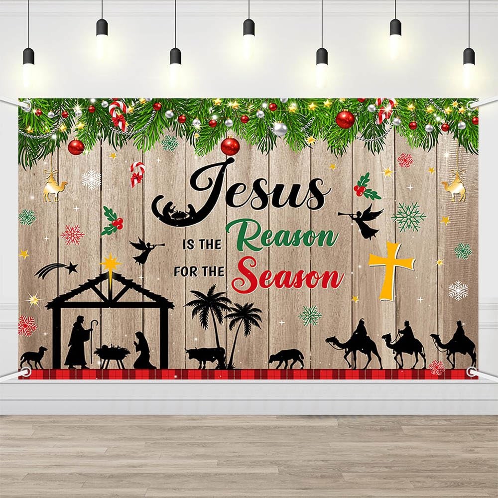 AIBIIN Christmas Jesus Backdrop is The 6x3.6ft, red, silver, green 