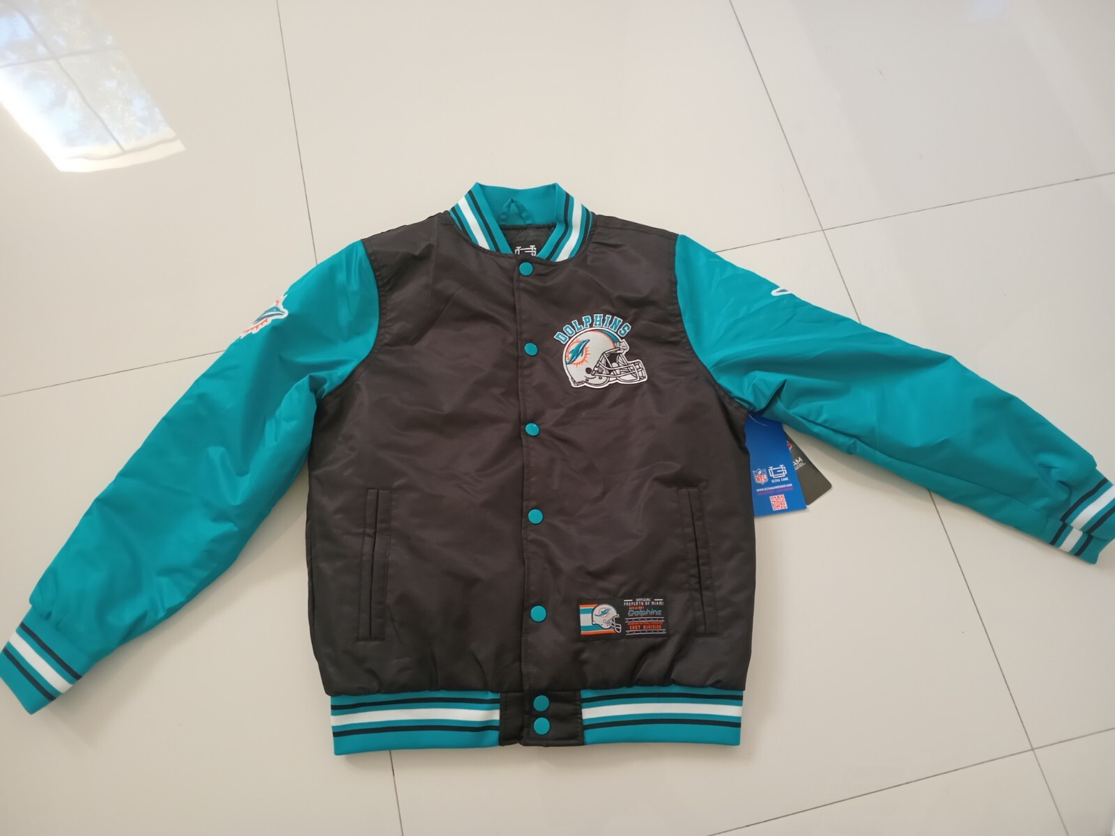 New NFL Miami Dolphins Bomber Jacket Satin SHIN Black Full-Snap Sz 14-16 Youth