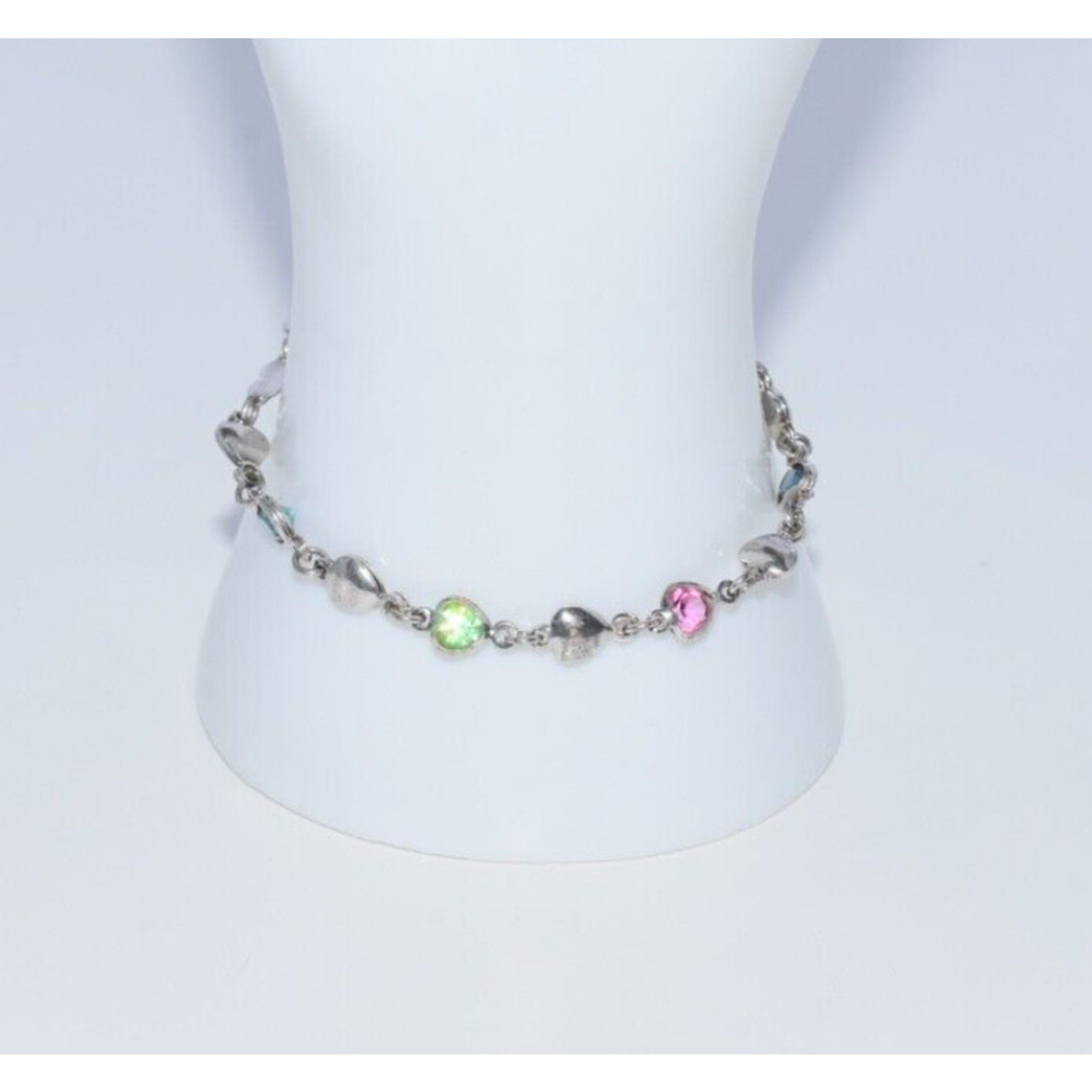 Vintage Italian Sterling Silver & Multi-Color Glass Heart Link Chain 7" Y2K