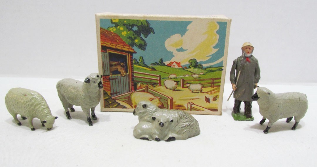 BRITAINS FARM 1950's LEAD FIGURE SET W/ BOX 1 SHEPHERD 1 RAM 2 SHEEP no. 5006