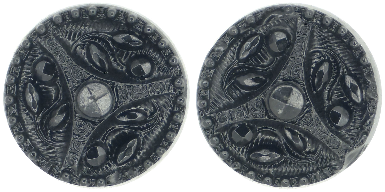 C1880s Antique Victorian Black Glass Lacy Geometric Flower Button Pair Set LOT