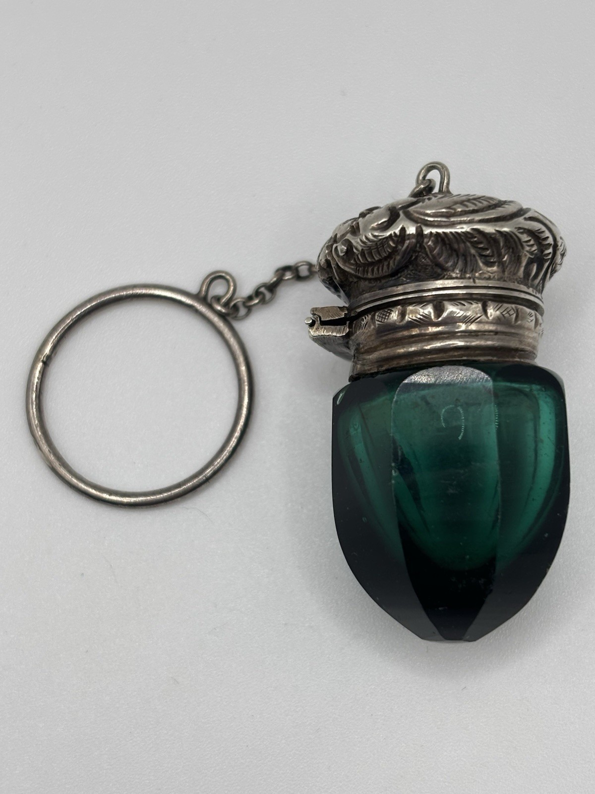 ANTIQUE CHATELAINE SCENT BOTTLE ACORN FORM EMERALD GREEN SILVER PERFUME BOTTLE
