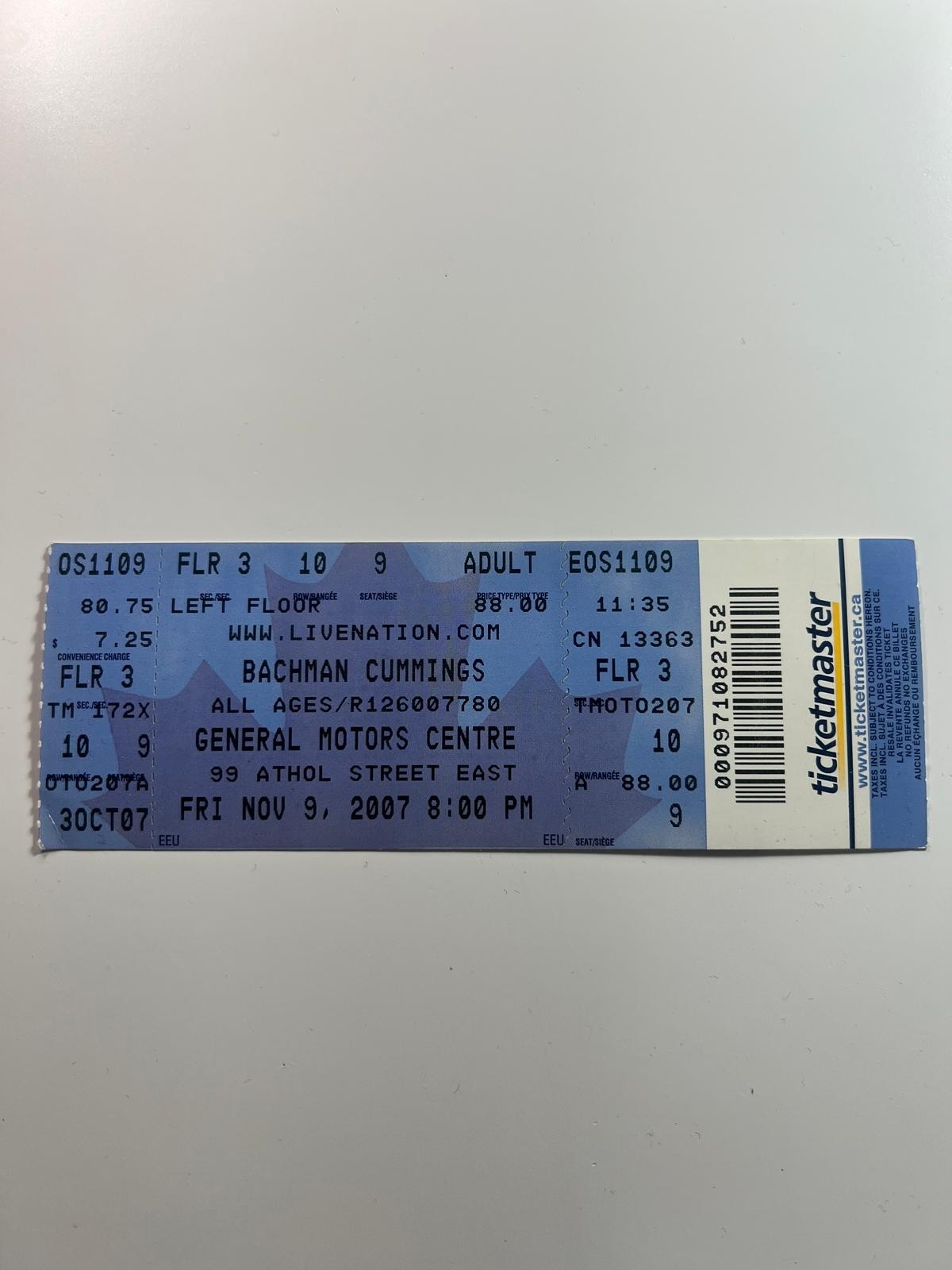 Bachman Cummings Concert Ticket Stub – Nov 9 2007 – GM Centre Toronto