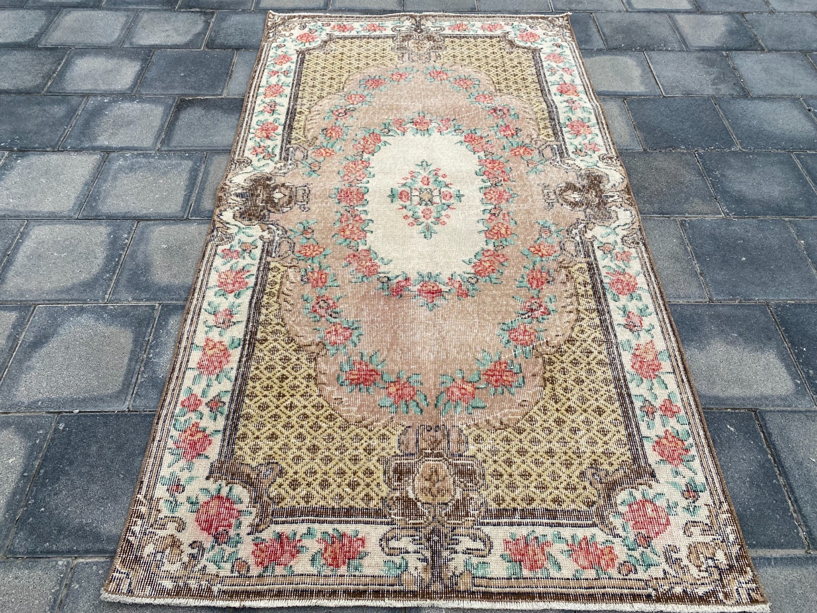 Vintage Turkish Floral Area Rug 3.9x7.1 ft Hand Knotted Wool  Anatolian Carpet