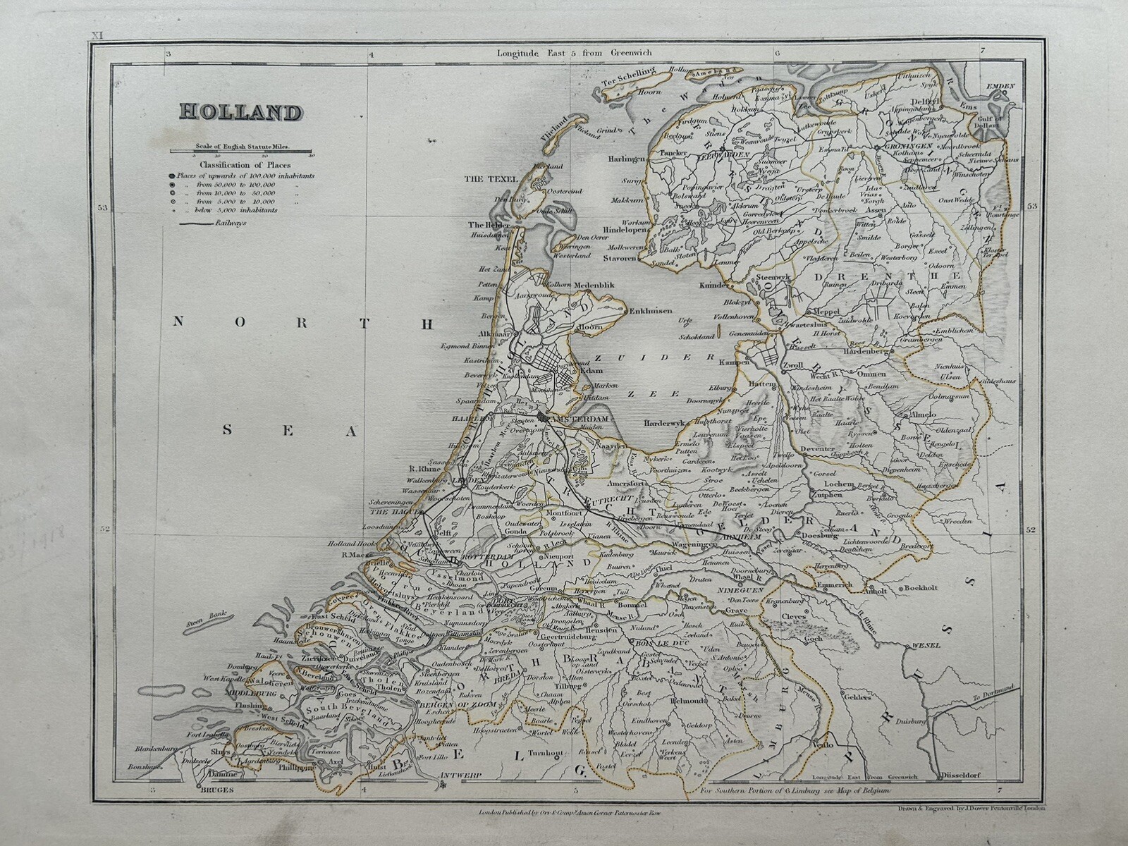 1851 Holland Hand Coloured Antique Map By John Dower