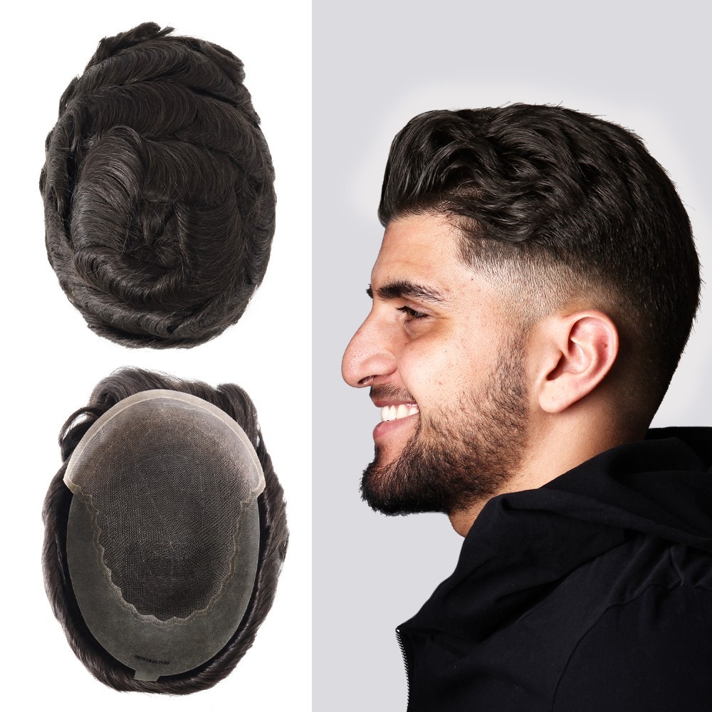 Mens Toupee Human Hair Replacement System Hairpiece Super Thin Skin Black 6x9#1B