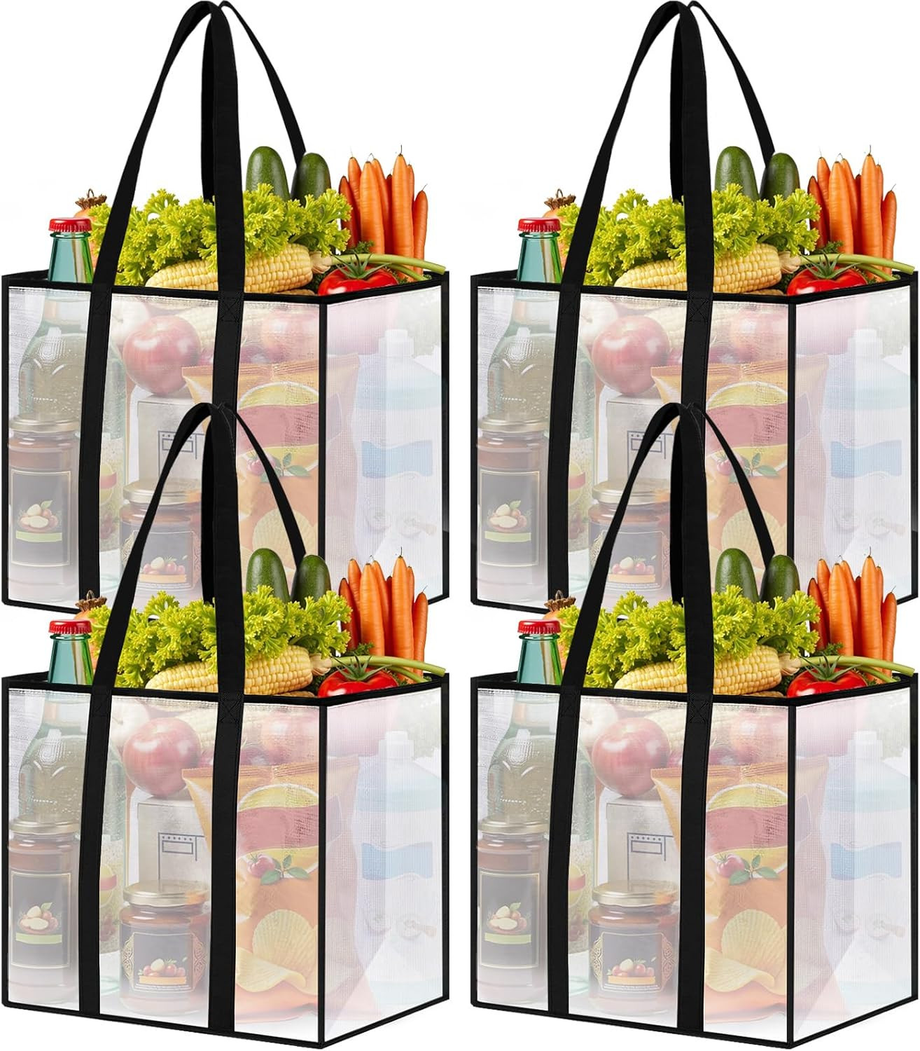 4 Pack Reusable Grocery Bags, Heavy-Duty Shopping Bags with Sturdy Handles, Wate