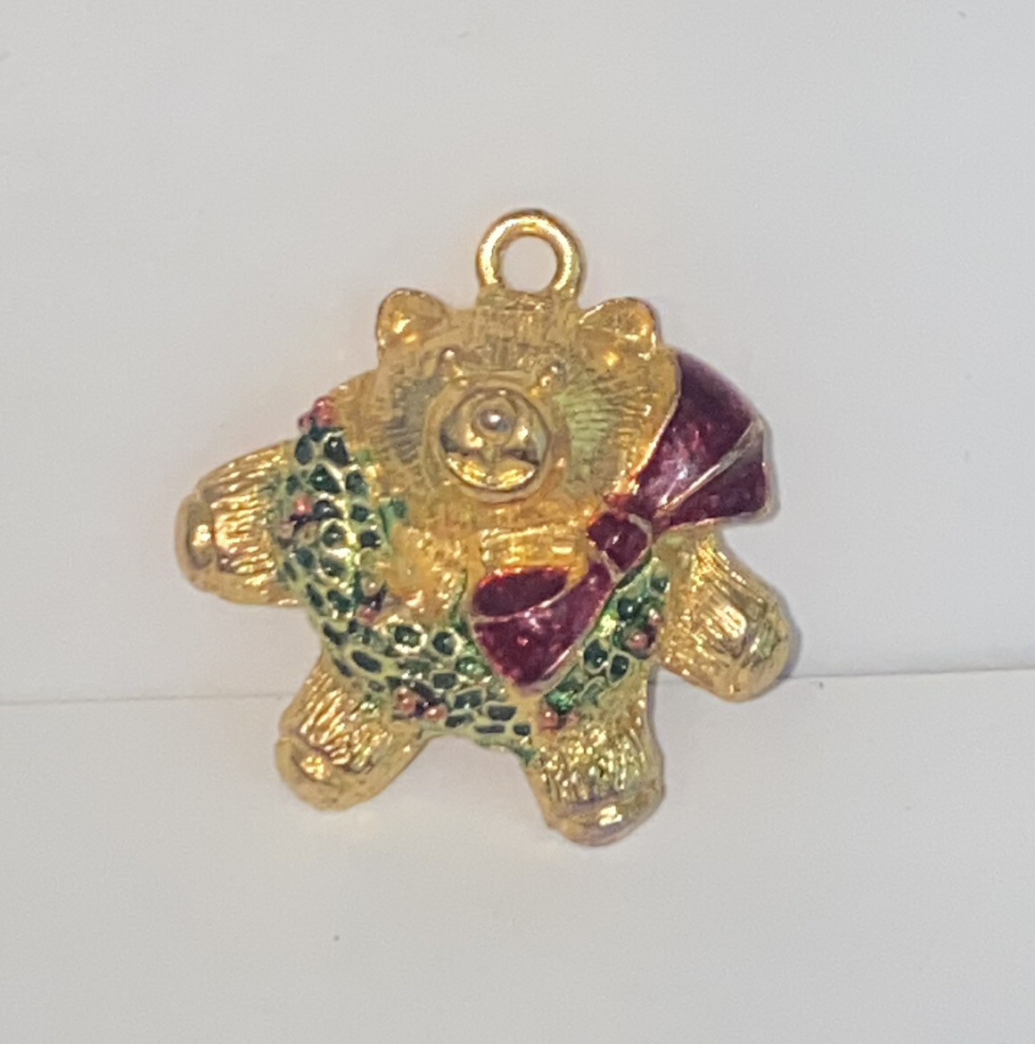 Vintage Gold Tone Christmas Teddy Bear with Enamel Wreath and Bow Pendant