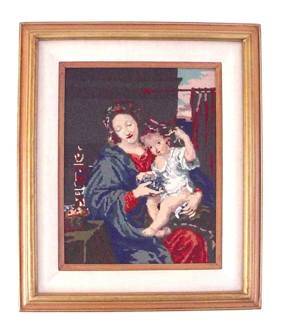 Vintage Needlepoint Mary Jesus French Mignard Louvre Royal Paris Christmas