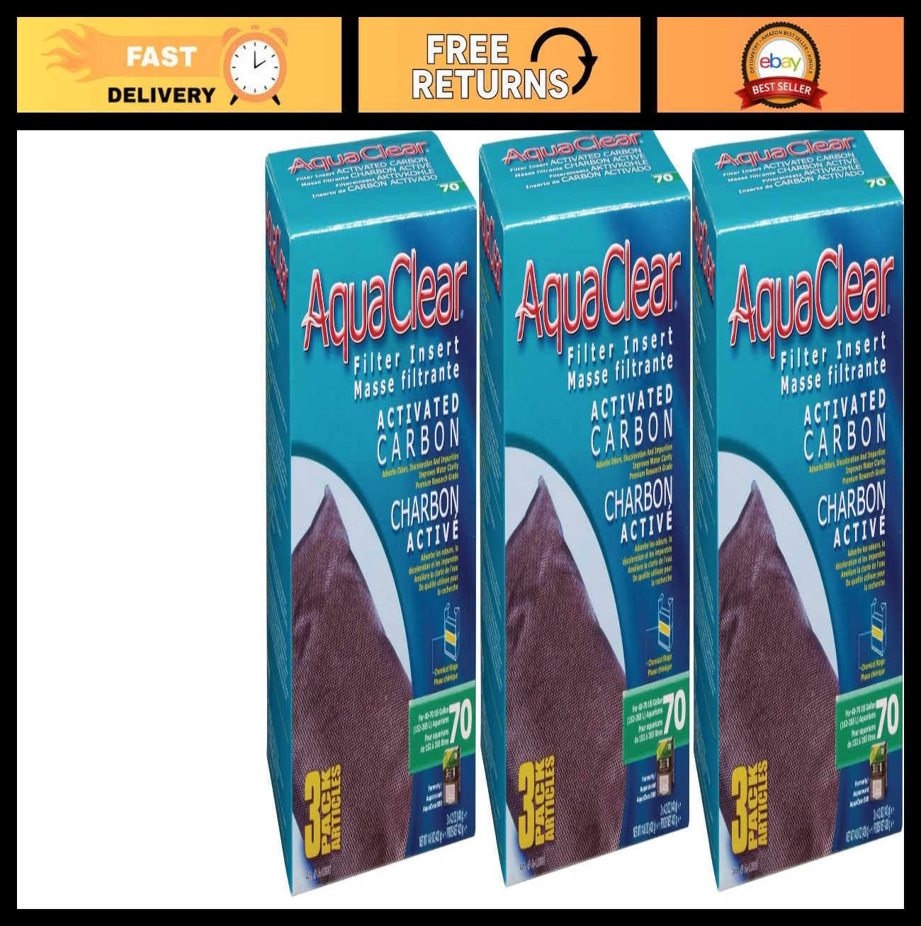 Activated Carbon Filter Inserts for 70-Gallon Aquariums - 3-Pack, Water Purifier
