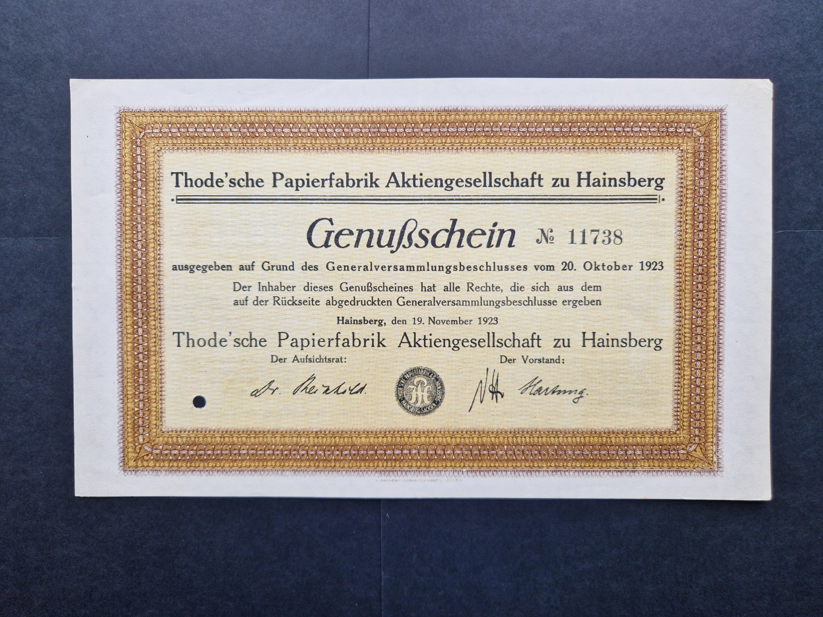 Pleasure certificate Thode'sche Papierfabrik AG zu Hainsberg 1923 Hainsberg