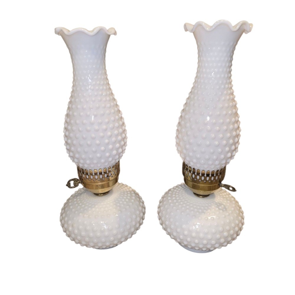 VINTAGE MILK GLASS AND ELECTRIC Pair BOUDOIR LAMPS MILK GLASS HOBNAIL CHIMNEY
