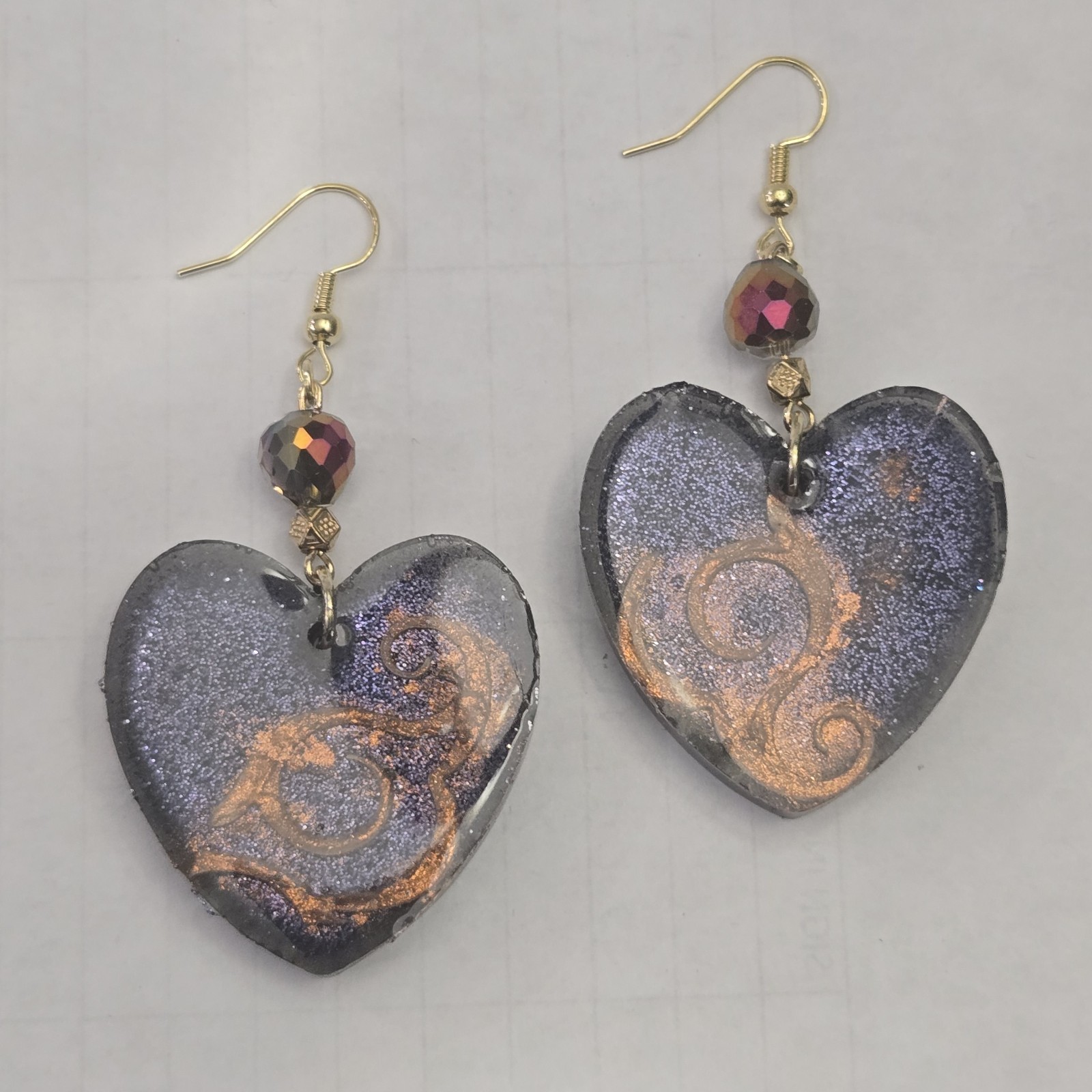 Handcrafted Resin Heart Dangle Earrings Purple Gold Black Glass for Women