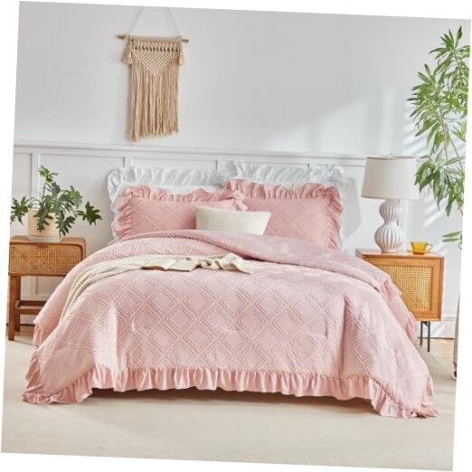 Tufted Ruffle Comforter Set 3 Pieces Ruffled Farmhouse Twin Size Blush Pink