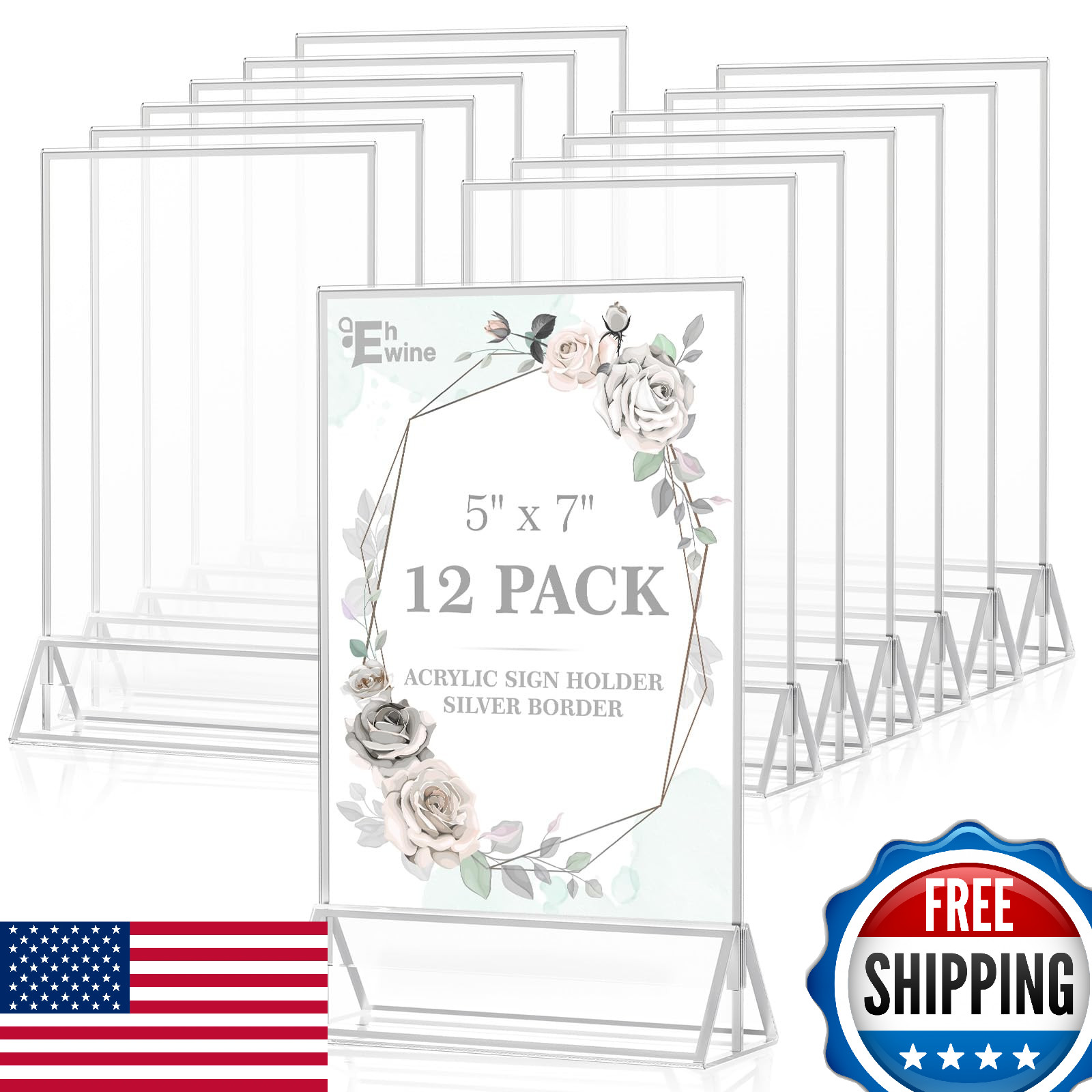 EHWINE 12 Pack Acrylic Sign Holder 5 x 7, Double Sided Silver Picture Frame Stan