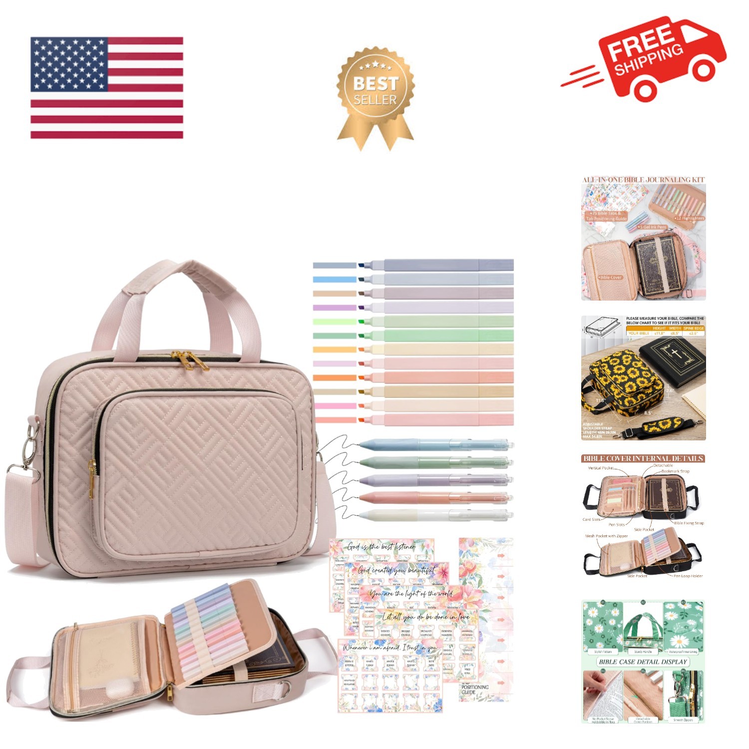 Bible Cover Case for Women, Large Bible Bag w/Shoulder Strap, Bible Study Sup...