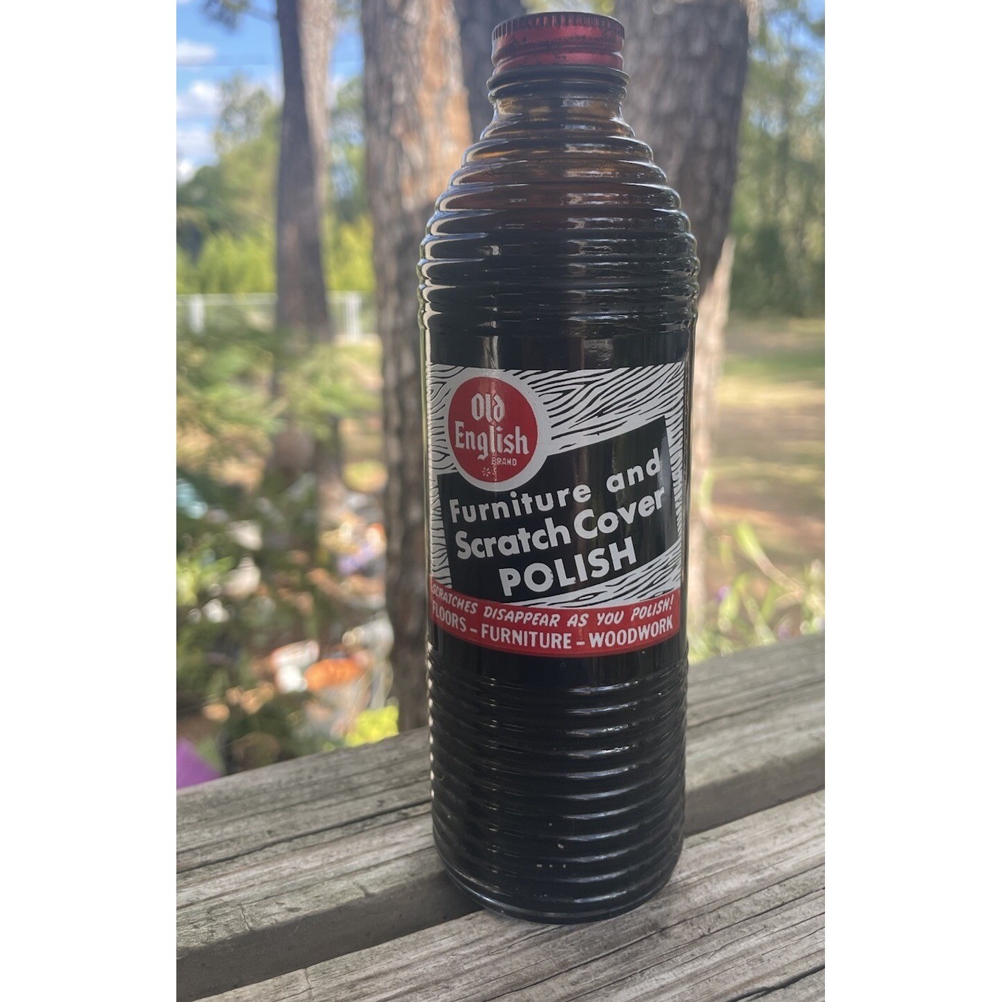 Vintage Old English Furniture Polish Ribbed Bottle 1950s Painted Label Decor