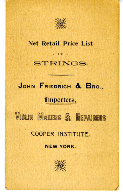1890s Price List of Violin Strings J Friedrich New York