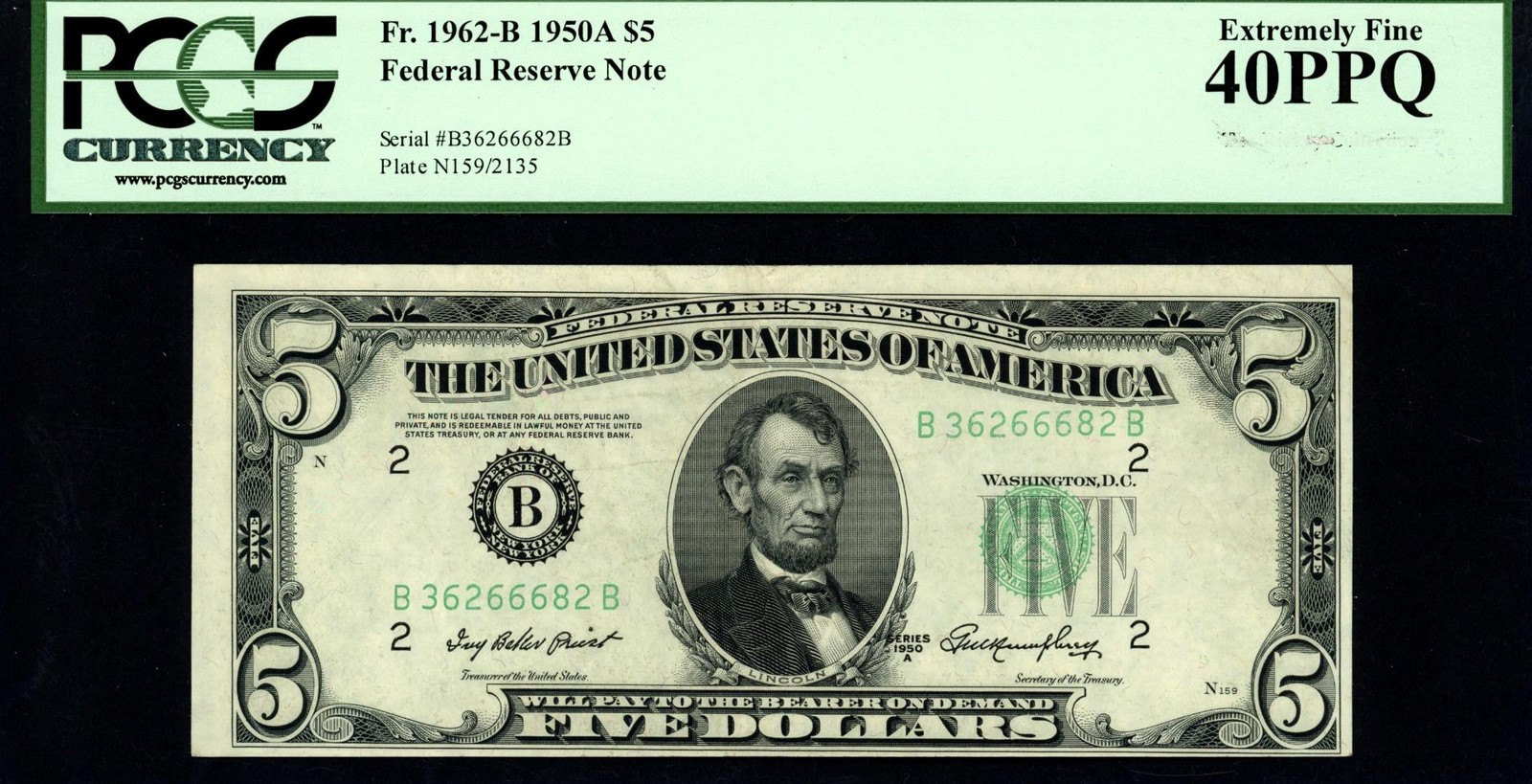 1950A $5 Federal Reserve Note New York 3rd Printing Offset Error  PCGS XF 40 PPQ