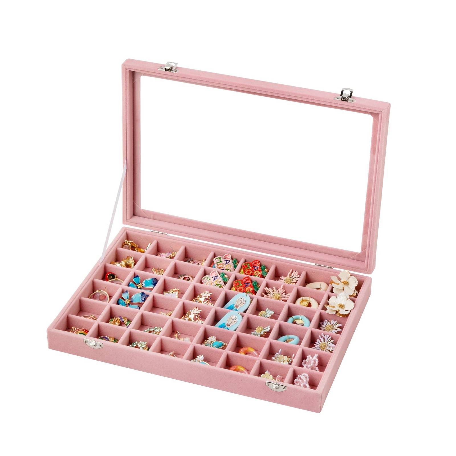 48 Grid Jewelry Tray,Adjustable Earring Holder Organizer with Glass Lid,Velve...
