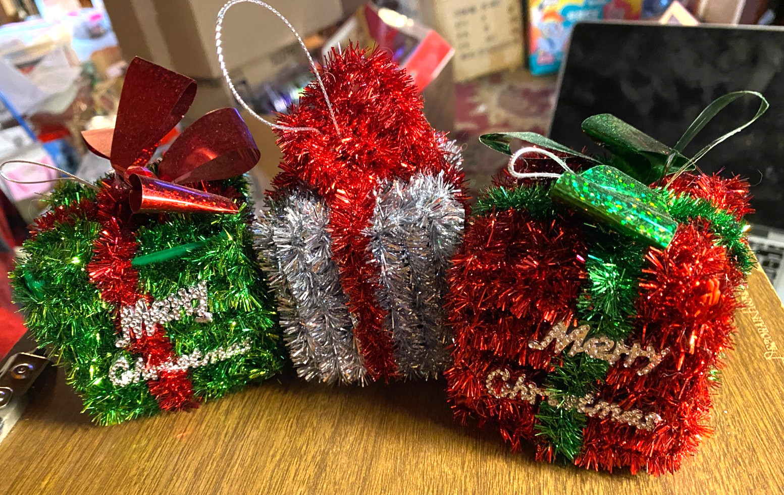 3 Plastic Metallic Square Presents Christmas Ornaments 2 1/4"