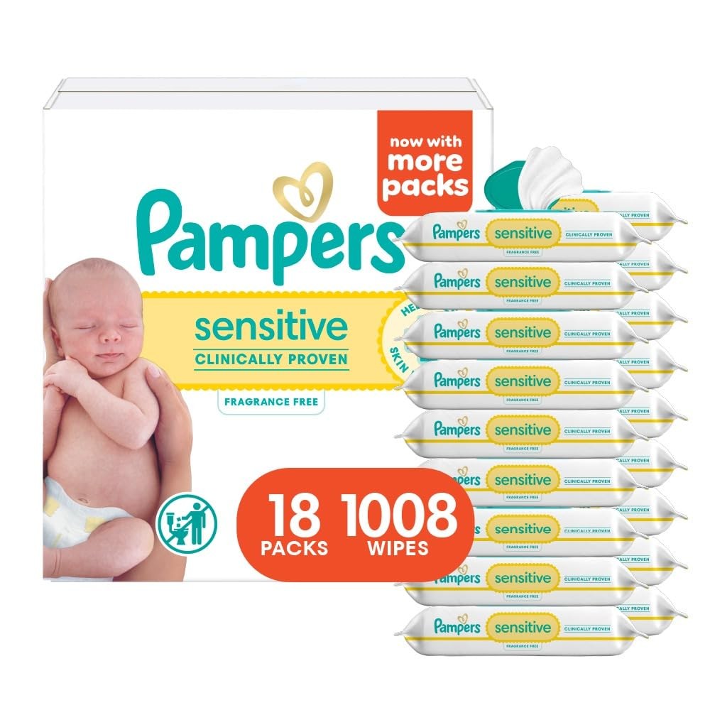 Pampers Sensitive Baby Wipes, Water Based, 56 Count (Pack of 18), White 